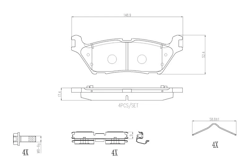P24252 – BREMBO Brake Pad, Low-Metallic Set Of 4 With Mounting Hardware - view 3